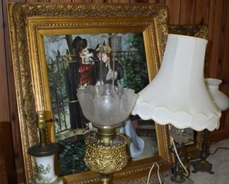 Antique Oil and Electric Table Lamps plus Beautifully Framed Oil Painting in background ( more details and pics to come)