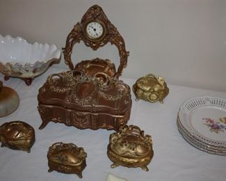 Antique ornate ring and earring boxes, and larger box for bracelets, neckalces, broockes, etc. complete ornate arch pinnacled with a clock, also beautiful ruffled edged porcelain bowl