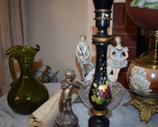 Vintage and Antique Dresden style Porcelains, Green Glass Art Pitcher and More!