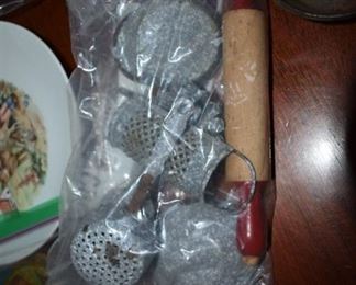 Rare Antique Childs Graniteware Set of Kitchen Utensils plus a Red Handled Rolling Pin!