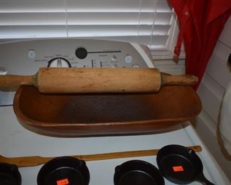 Antique Rolling Pin and Bread Dough Bowl plus a number of small Cast Iron Skillets