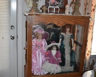 Fabulous Doll Display Case filled with Collectible Dolls adorned with Ginger Bread Kitchen Clock and much More!