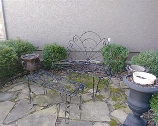 Outdoor Wrought iron bench, table, planters