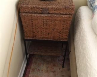 Wicker basket end table on stand - master BR - $65