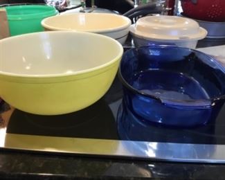 Yellow Pyrex bowl,- $20; blue Pyrex baking dish- $20; Microwave bowl with lid - $7.00