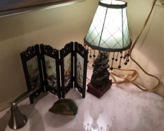 Bathroom small lamp - $15.00; decor folding screen - $8.00