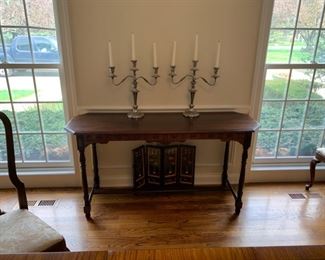 mahogany console table, hall table; Pair of 3 armed silver candelabra