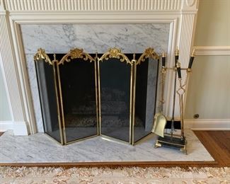 Brass fireplace tools and screen