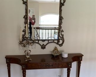 mahogany hall table, console table, ornate gold mirror, candelabra