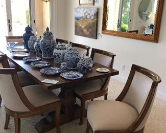 RH Table ( I believe) and Kreiss Chairs with performance fabric, Blue and white china