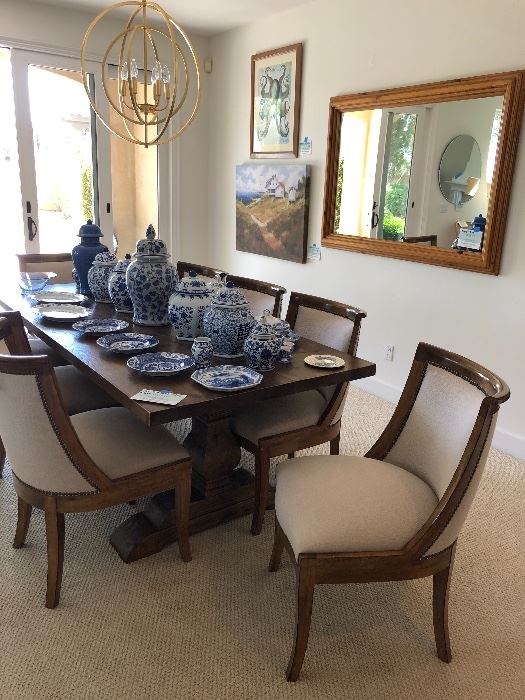 RH Table ( I believe) and Kreiss Chairs with performance fabric, Blue and white china