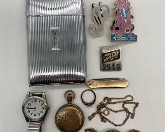 Evans Lighter / Cigarette Case, Art Deco Style; 1920 University of Maryland Brass Belt Buckle, U.S. Navy Intelligence Tie Bar / Badge, 1898 Ladies Hunt Case Pocket Watch, Watch Chain (gold filled), Pen Knife, Schlitz Milwaukee Employee Badge