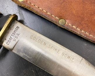 Closeup of Vintage Craftsman Golden Spike Bowie Knife, Fixed Blade, with Sheath