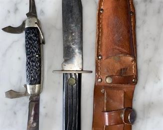"Utica Cutlery Co., N.Y."  Pocket Knife and Kutmaster  "Outdoor Sportsman" Hunting / Bowie Knife, all in one fitted sheath.