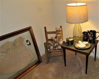 Pam bunnies, lamp and table, framed dress