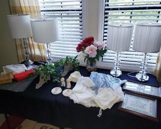 Modern lamps, vintage baby clothing, linens, towels etc