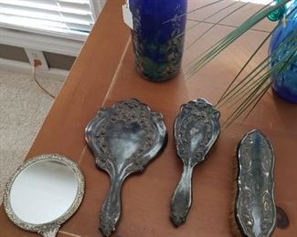 Antique Silverplated hand mirror vanity sets, Hand blown art glass vase