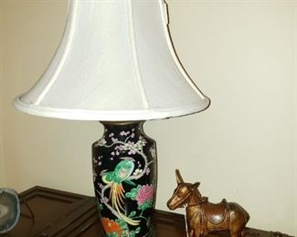 Asian Porcelain lamp and antique bronze donkey 