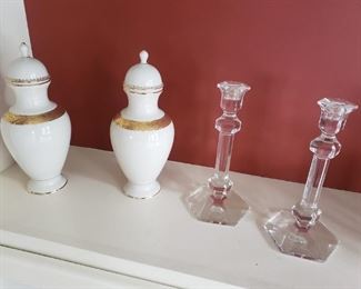 Ethan Allen Urns, Val St. Lambert crystal candlesticks