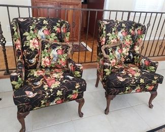 Black Floral Wingback Arm Chairs