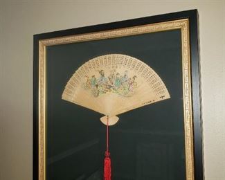 Asian hand painted framed wood fan
