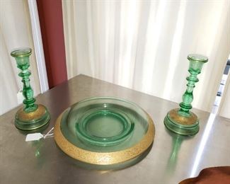 Vintage Vaseline Glass Gold rim Bowl and Candlesticks
