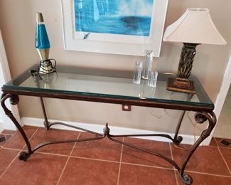 Glass top iron leg sofa table