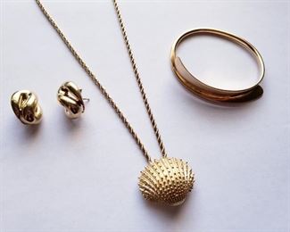 14k Gold Necklace and earrings, 18k Gold Bangle bracelet