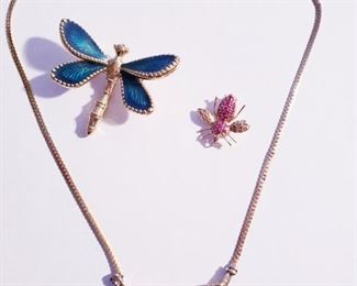 14k Gold Ruby Diamond Necklace, 14k Gold Ruby Bee Pendant Brooch, 14k Gold Dragonfly Enamel Brooch