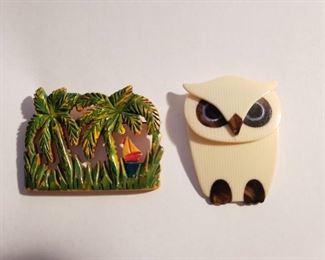Vintage Rare large Bakelite Palm Tree w/Sailboat Brooch, Owl Tortoise Shell Brooch by Lea Stein Paris