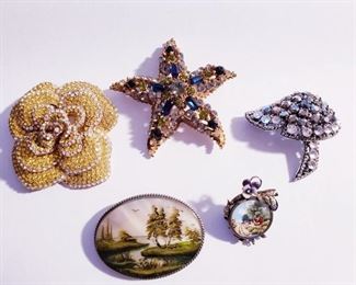 Beautiful Ciner Yellow White Rhinestone Brooch, Hand Painted Silver Brooches, Starfish by Florenza,  Weiss Mushroom Brooch 