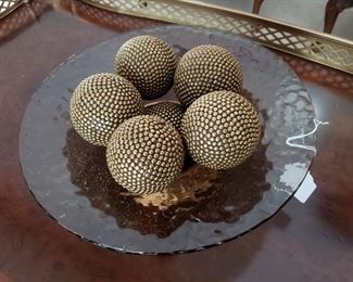 Decorative Gold Studded Balls in Footed Glass Centerpiece Bowl