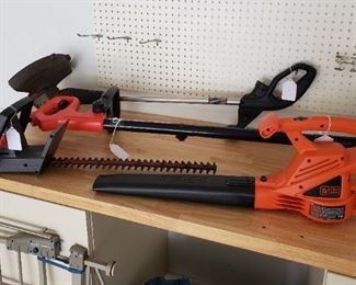Black and Decker Electric Blower, Edger, Weed Eater and Sears 20" Hedge Trimmer 