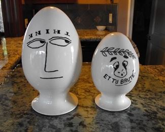 RARE PAIR of MCM signed Lagardo Tackett Ceramic Egg Heads that are condom dispensers designed for and sold in Playboy Magazine 1958-59     