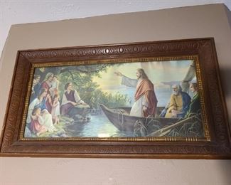 Jesus preaching from boat print w/ wooden frame
