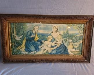 Joseph & Mary w/ Baby Jesus feeding birds w/ frame