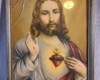 Vintage framed Jesus picture. Glass cracked in upper left corner