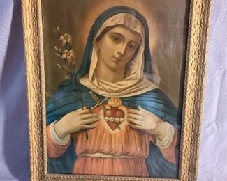 Vintage Mary Sacred Heart Religious Framed Print