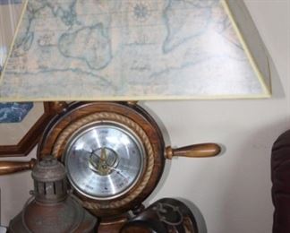 Nautical themed table lamp with barometer, lantern and cleat.