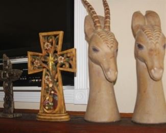 Animal sculptures and crosses.