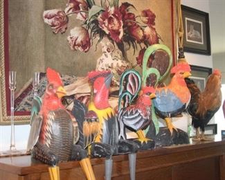 Wooden roosters.