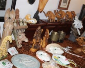 Animal figures and sculptures. Ceramic masks, alabaster plates, bone china trinket dishes.