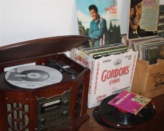 Turntable, LPs and singles.