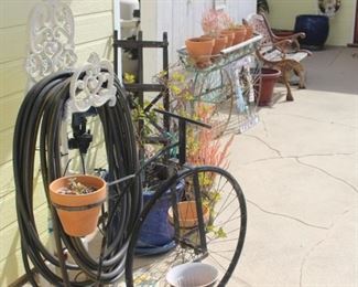 Penny farthing plant holder, garden seat, plants and decor.
