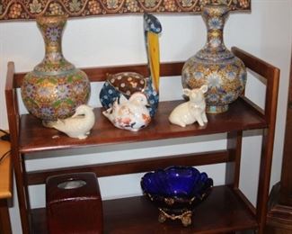 Cobalt blue glass bowl with gold trim, two cloisonne vases, Lenox pig and duck, wooden pelican.