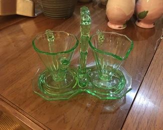 Vaseline glass creamer/sugar with stand