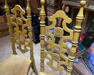 Hand carved painted rush seat chairs - perfect condition... very cool! Set of 4 with matching table