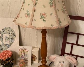 Vintage wooden lamp with floral shade