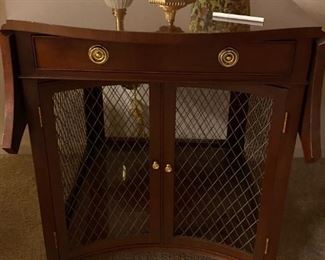 Beautiful mahogany wood drop leaf table/cabinet with brass pulls