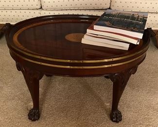 Inlay wood round coffee table with brass